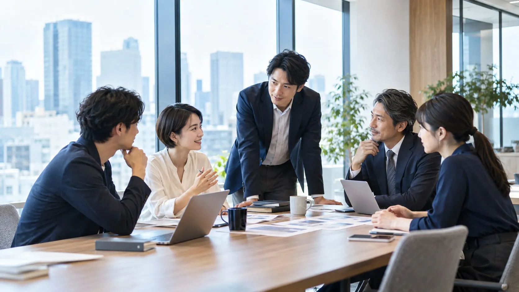 明るいオフィスで事業について話し合うチーム